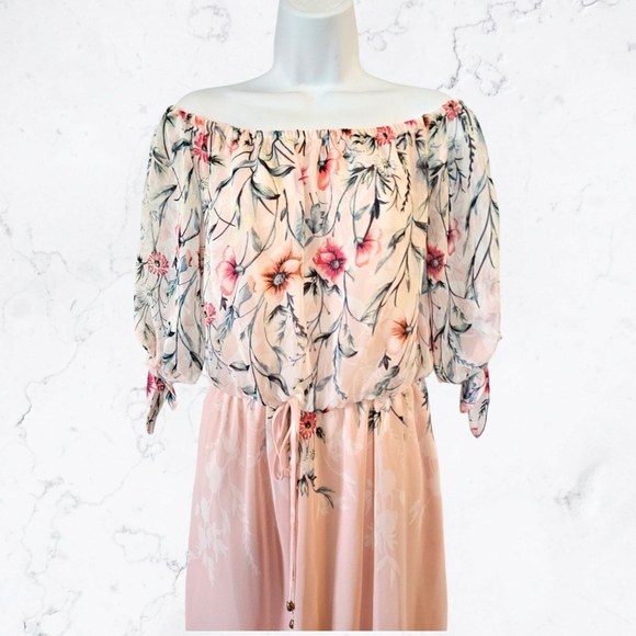 City Studio Pink Floral Off the Shoulder Chiffon Maxi Dress - Picture 4 of 7